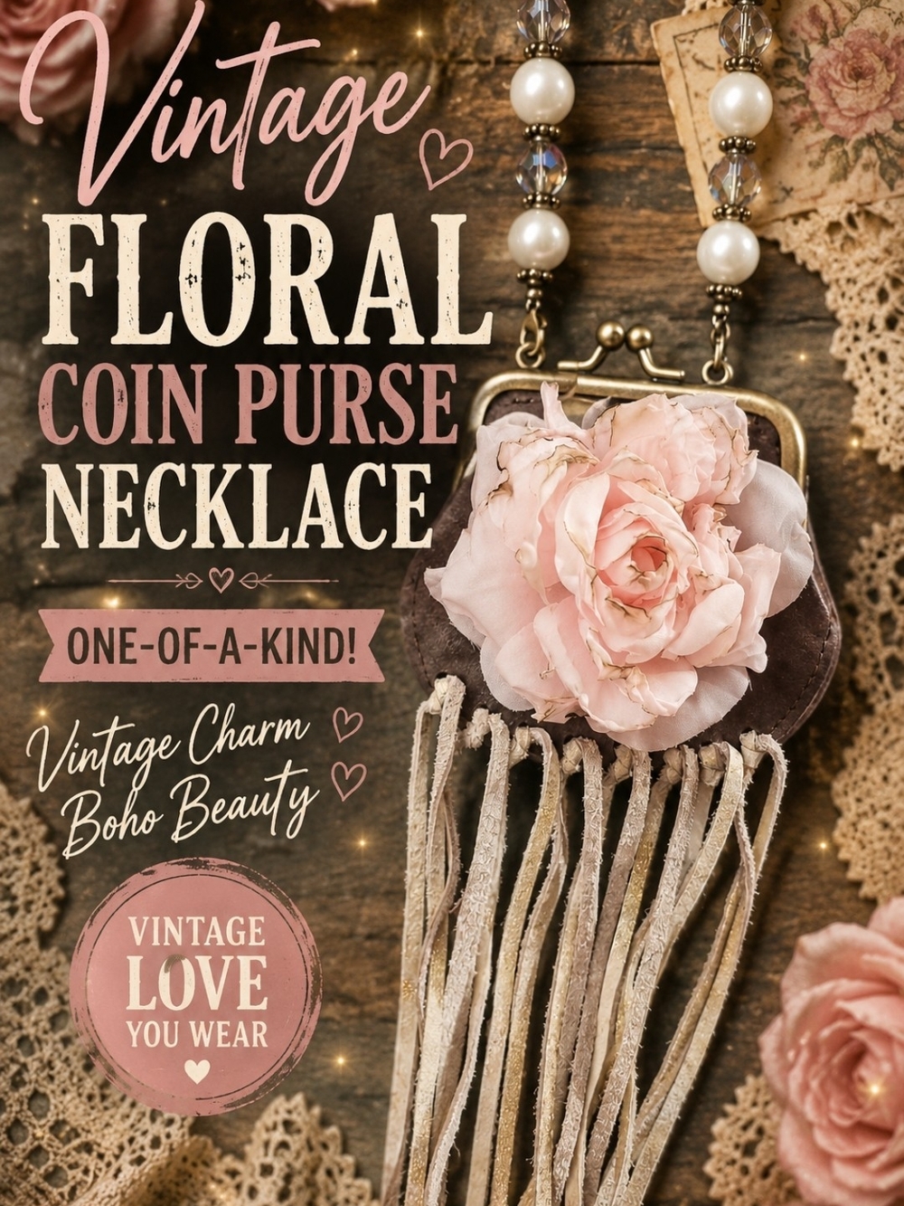Vintage Floral Coin Purse Necklace - Pink